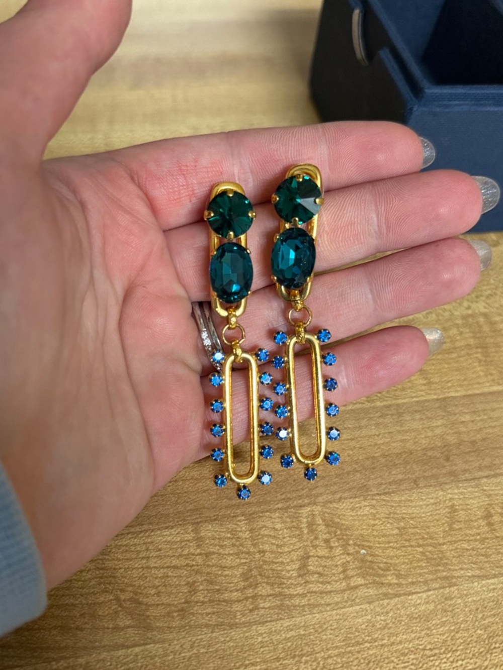 Elizabeth Cole Gold-Tone Emerald & Blue Crystal Drop Earrings